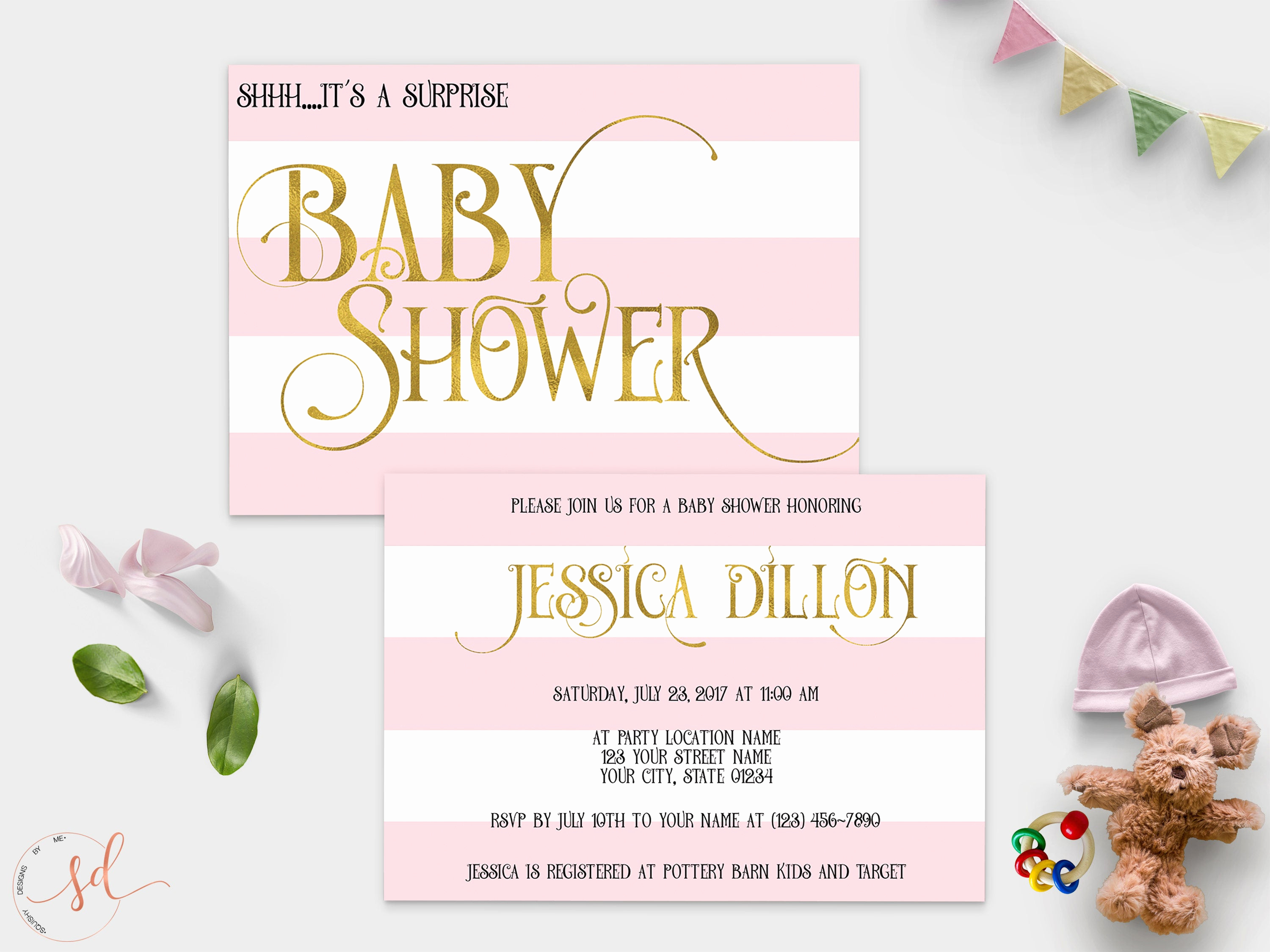 Surprise Baby Shower Invitation Beautiful Surprise Baby Shower Invitation Pink White Gold Stripes