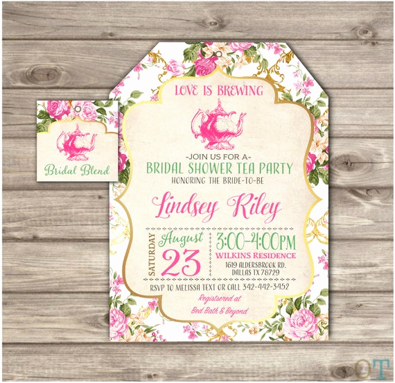 Tea Bag Invitation Template Elegant Bridal Shower Tea Party Invitations Printable Pink and Gold