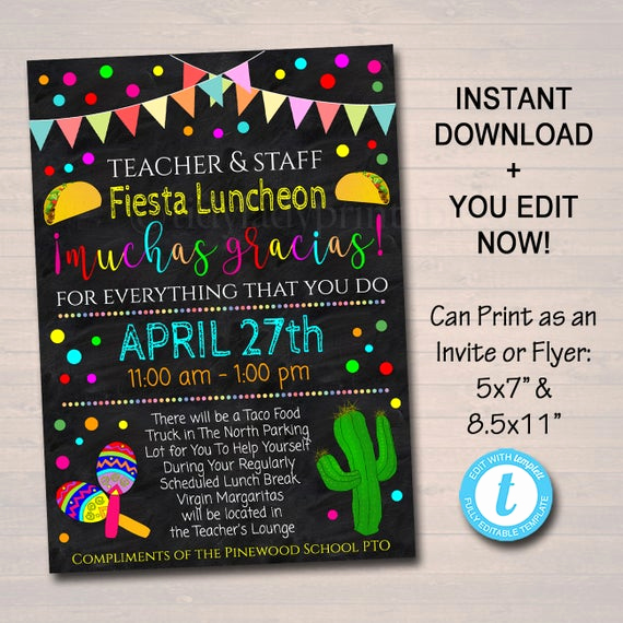 Teacher Appreciation Luncheon Invitation Unique Editable Fiesta Invite Teacher Appreciation Staff Invitation
