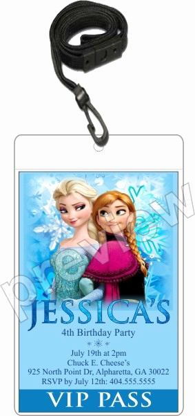 Vip Pass Invitation with Lanyard Beautiful Frozen Elsa and Anna Vip Pass Invitation with Lanyard