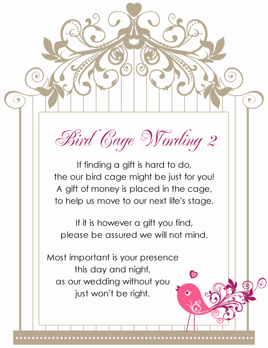 Wedding Invitation Gift Wording Beautiful Birdcage Wishing Well Wordings