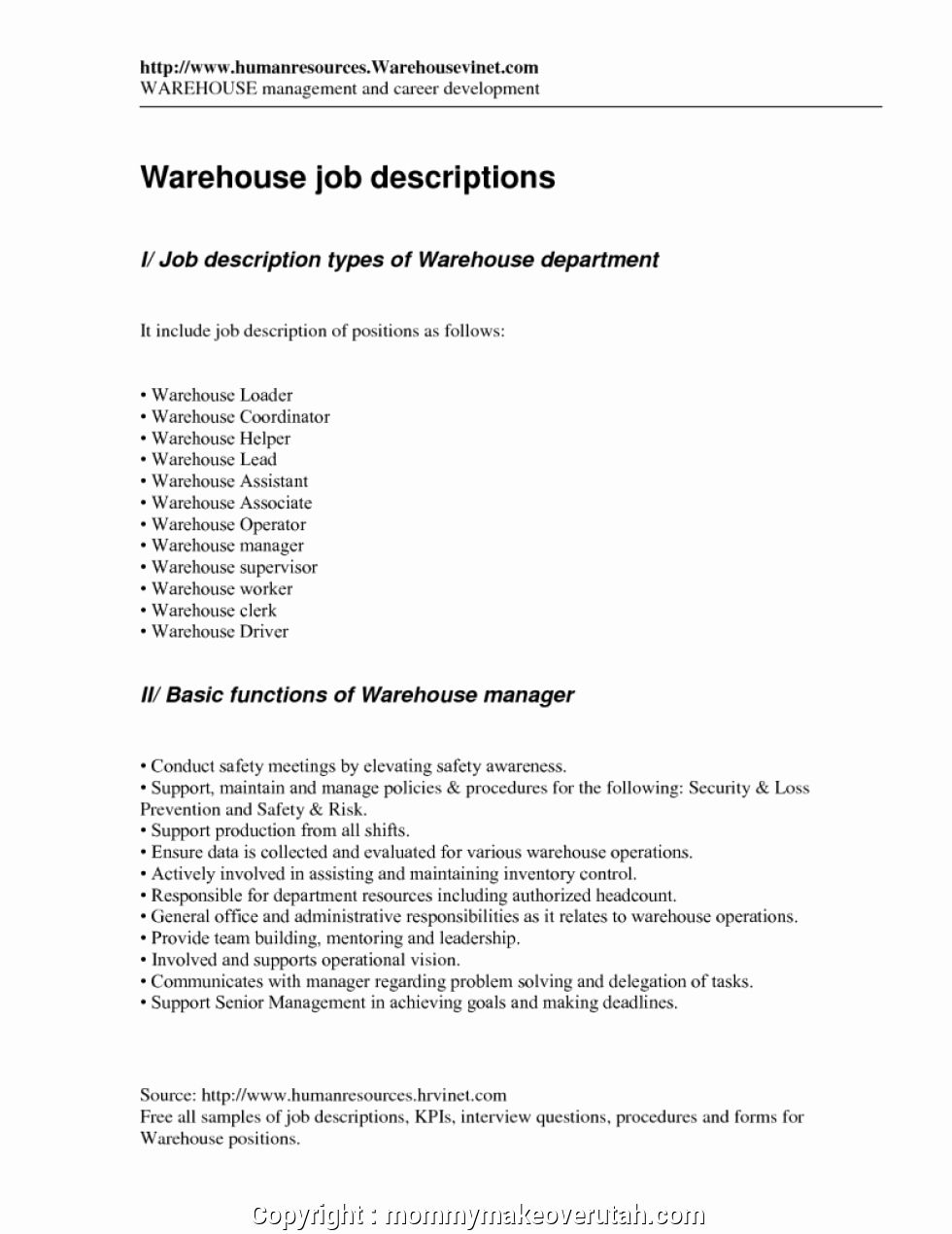 Warehouse Job Description Resume New Free Warehouse Executive Roles And Responsibilities