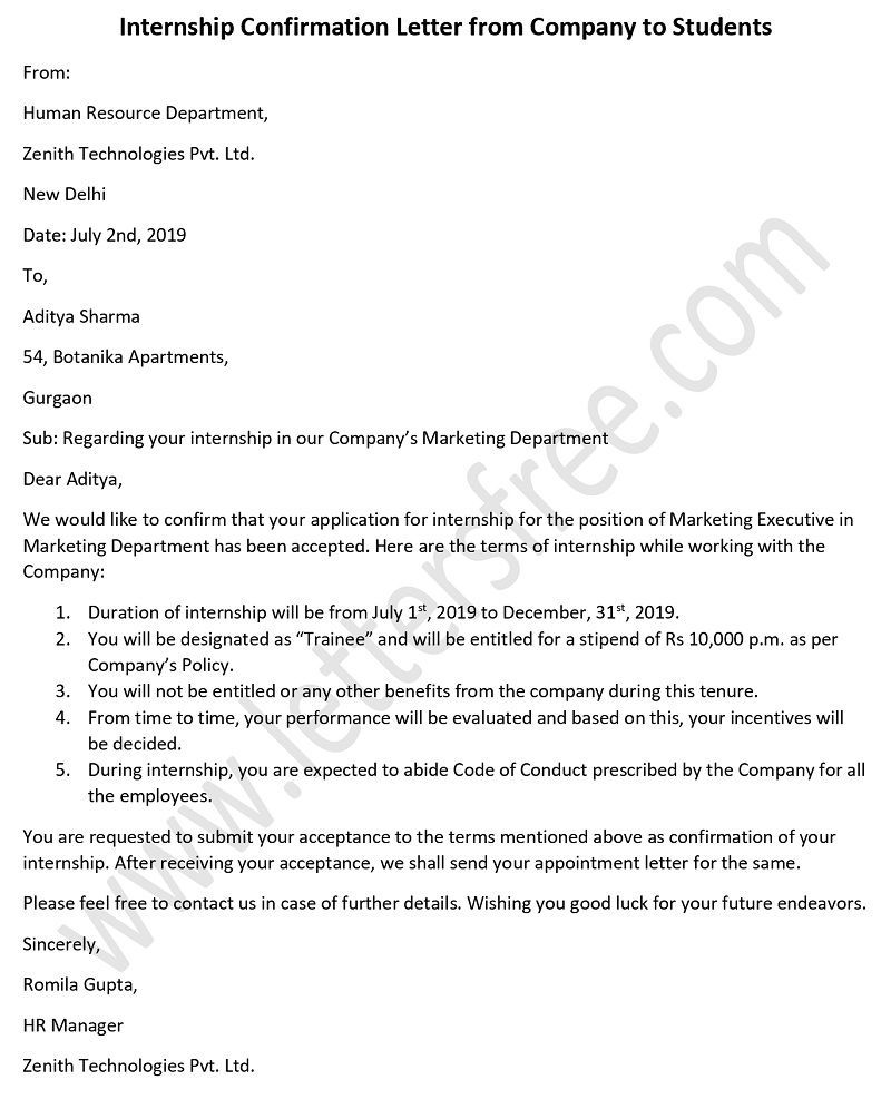 Internship Confirmation Letter From Company To Students Confirmation Letter Business Letter Example Letter To Parents