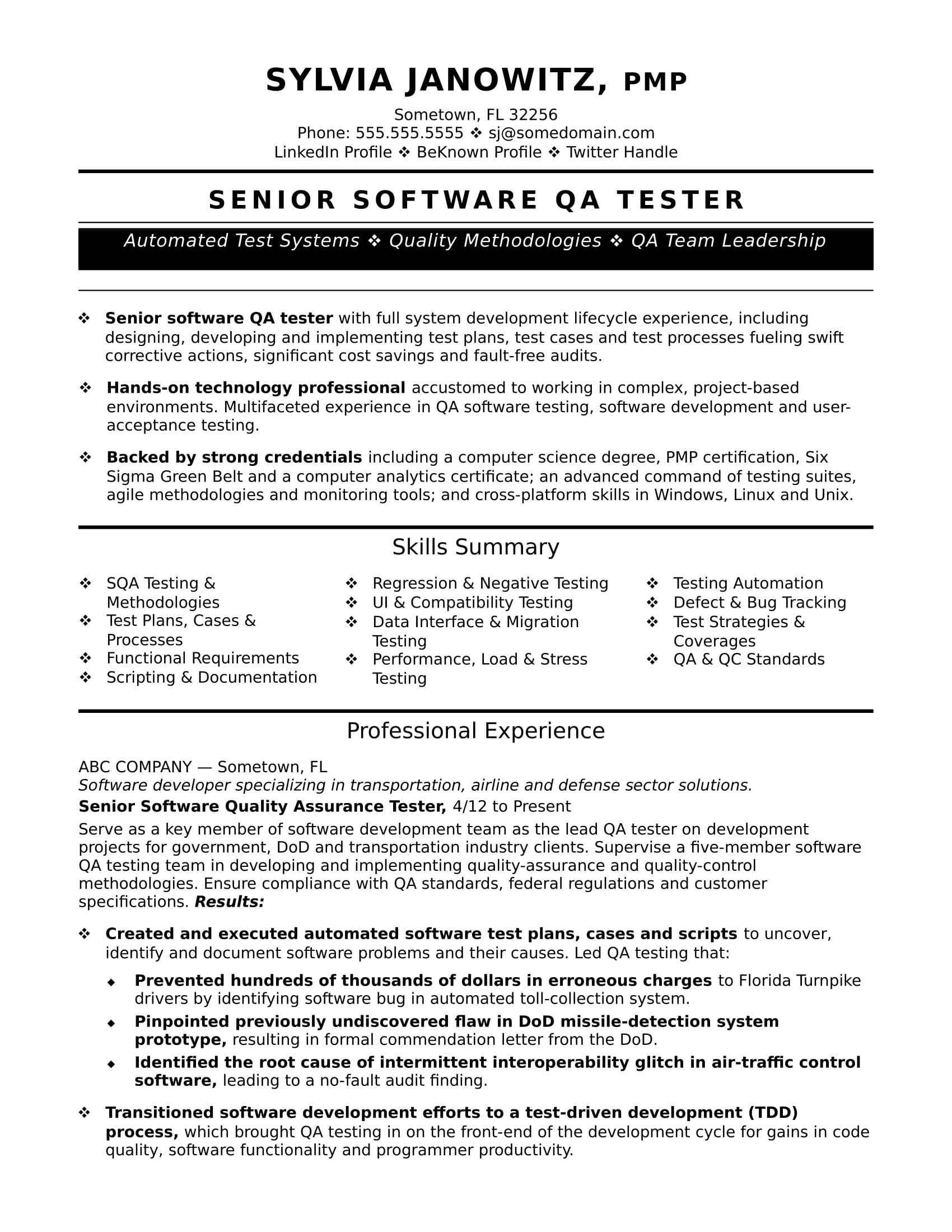 Experienced Qa Software Tester Resume Sample Sample Resume Templates Job Resume Examples Resume Software