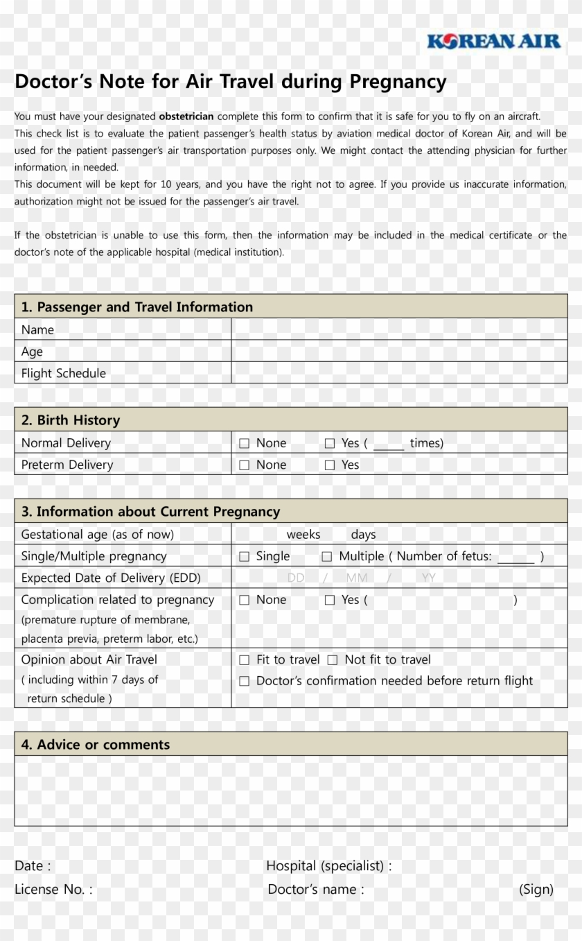 Medical Doctors Note Air Travel During Pregnancy Korean Air Clipart 2507985 Pikpng