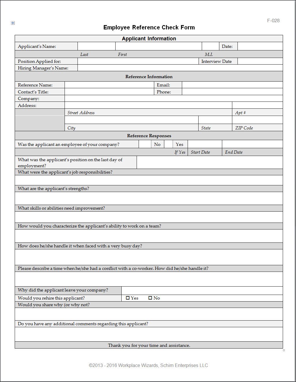 Employee Reference Check Form Restaurant Management Hiring Manager Form