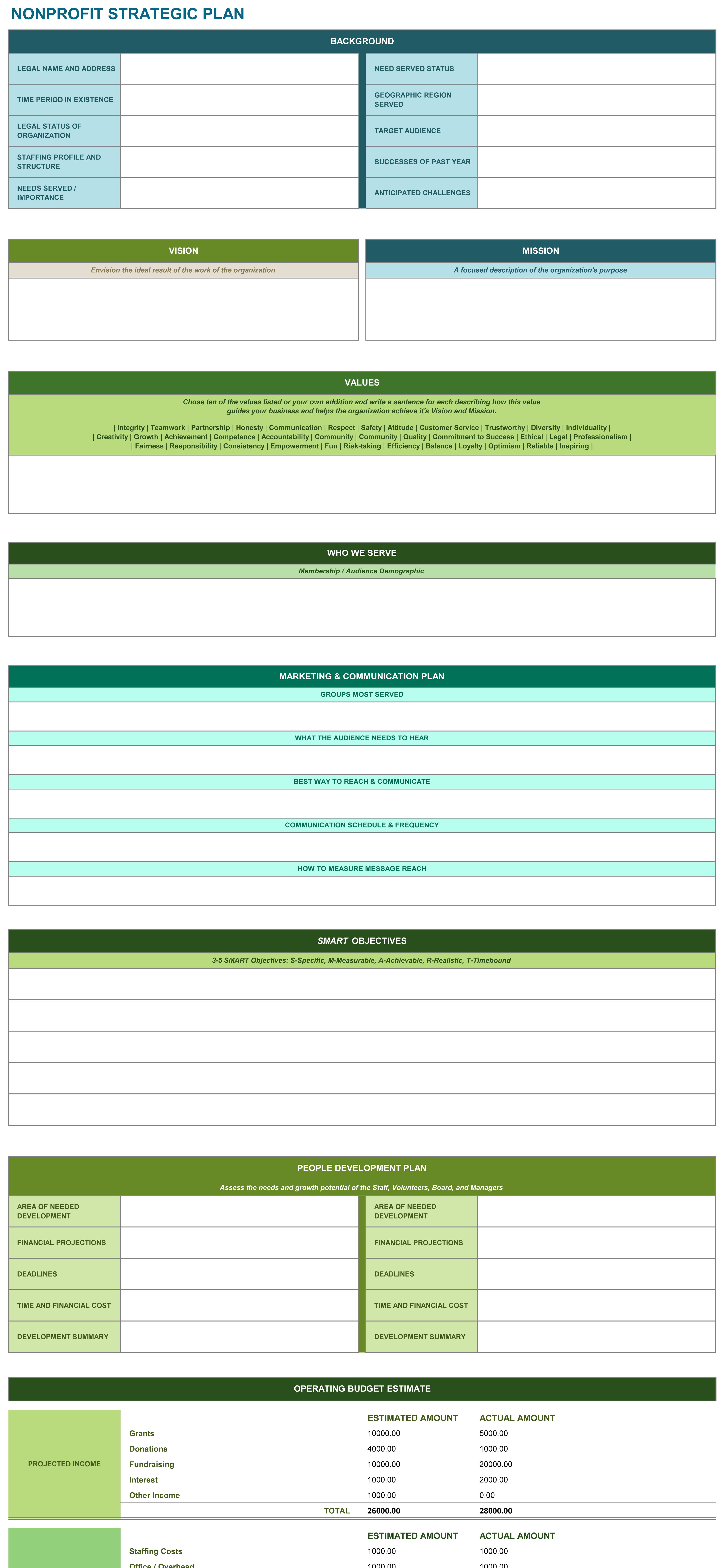 Non Profit Strategic Plan Excel Template Marketing Plan Template Strategic Planning Template Strategic Planning