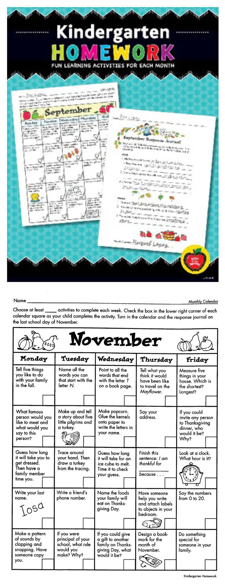 Kindergarten Homework Fun Learning Activities For Each Month Kindergarten Homework Homework Activities Fun Homework