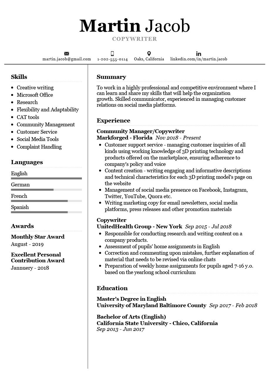 Copywriter Resume Example Resume Examples Job Resume Examples Resume Format Examples