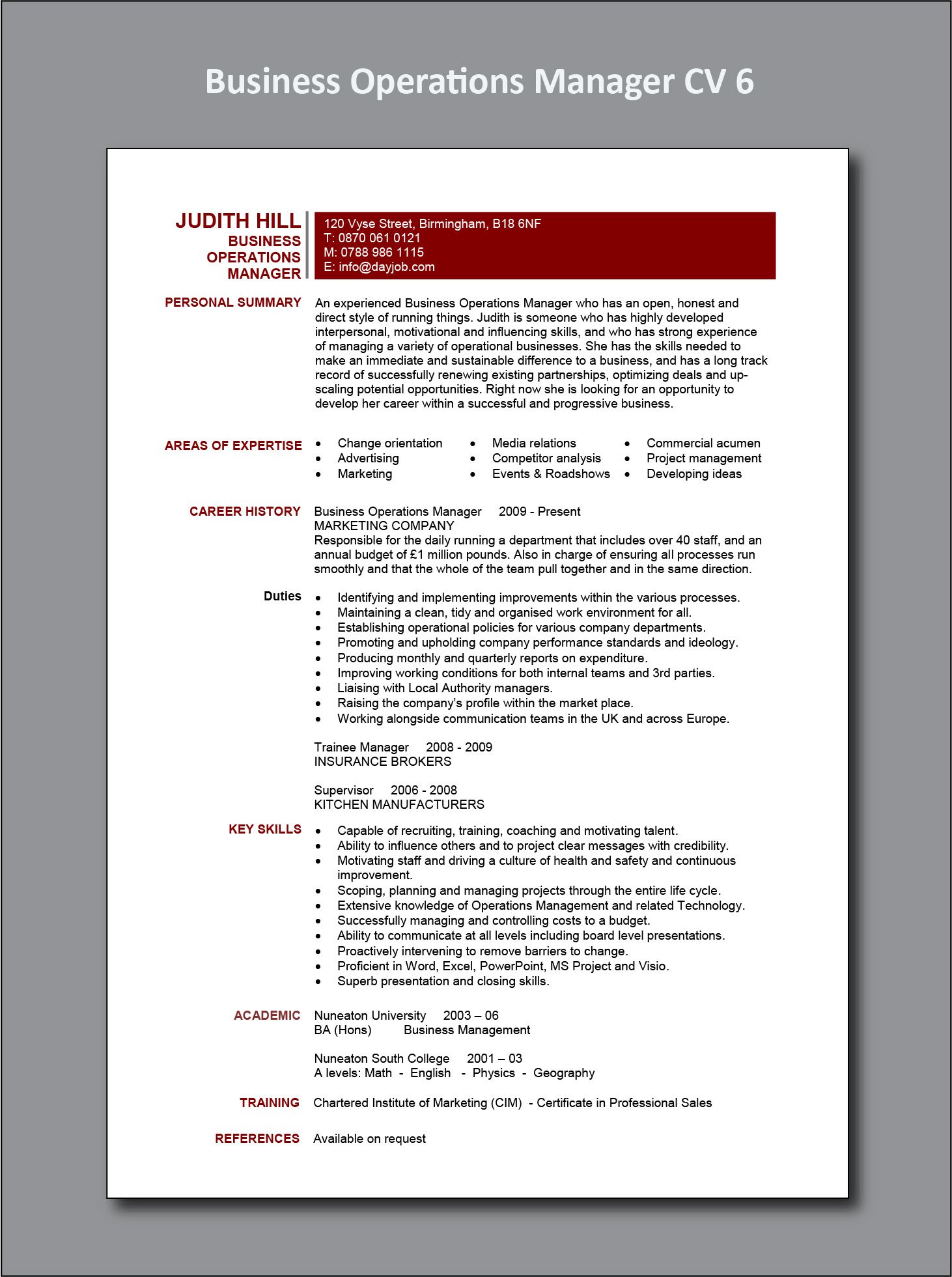 Business Operations Manager Cv 6 Example Resume Examples Operations Management Job Resume Examples