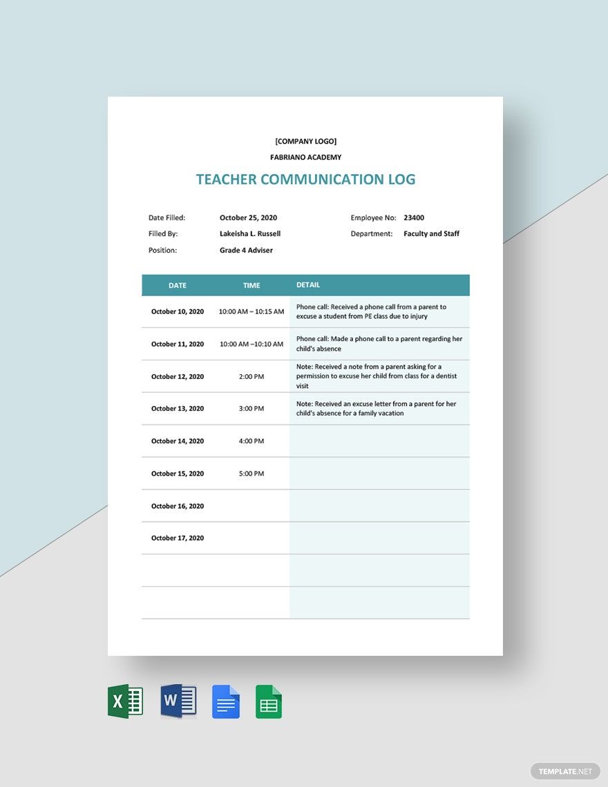 Teacher Communication Log Template Free Pdf Google Docs Google Sheets Excel Word Template Net Teacher Communication Log Communication Log Brochure Template