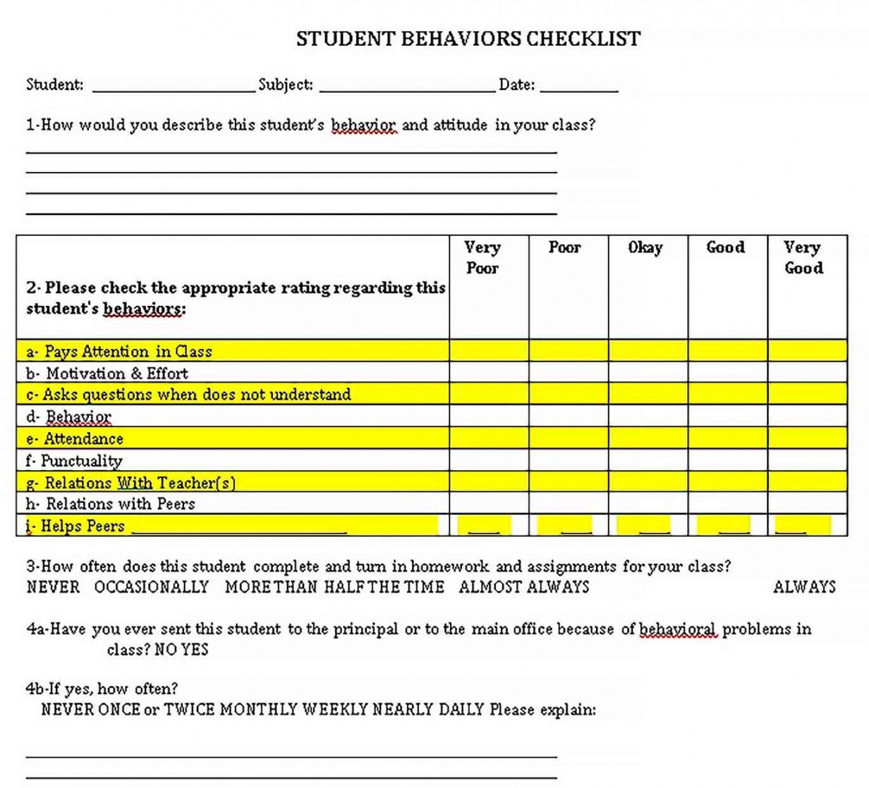 Get Our Sample Of Student Behavior Checklist Template For Free Student Behavior Checklist Template Student