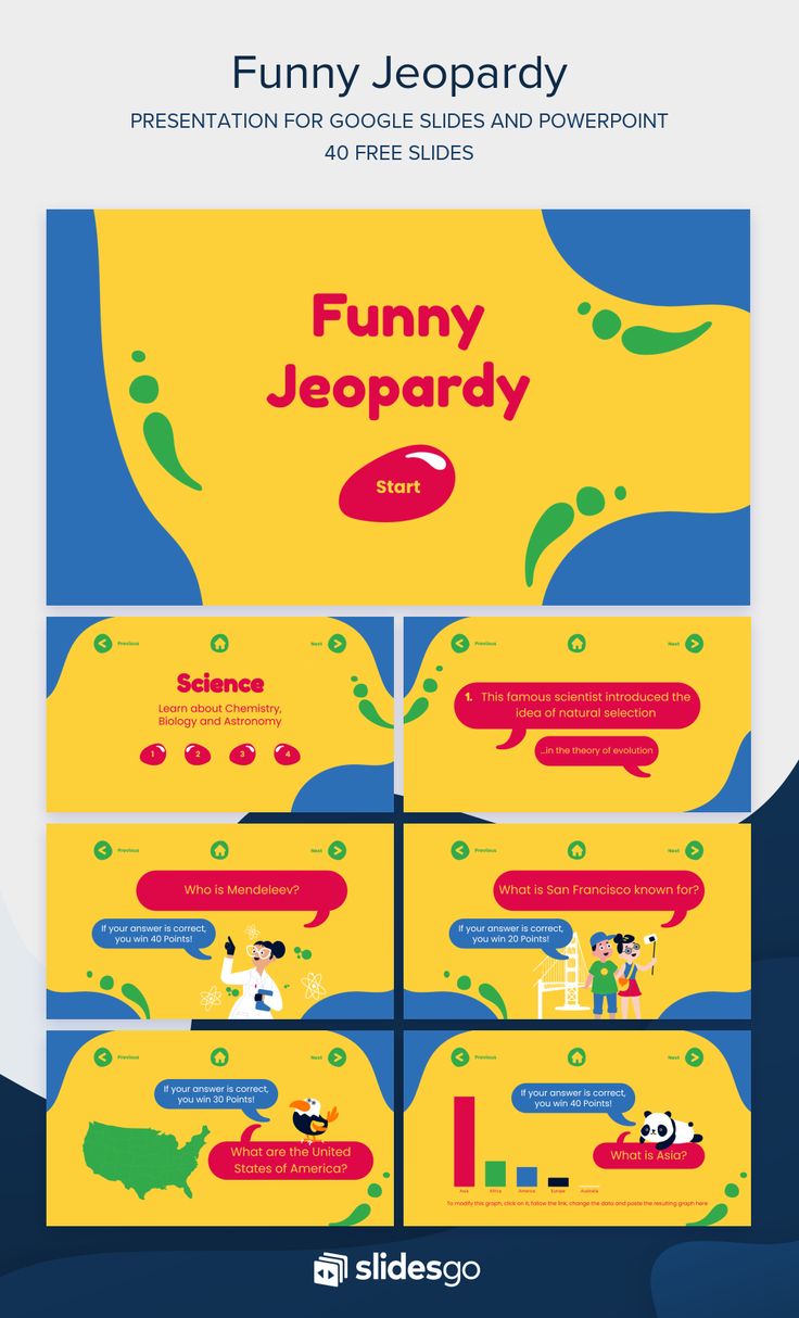 Review Subjects And Concepts With This Funny Jeopardy Game This Google Powerpoint Presentation Design Presentation Design Template Powerpoint Design Templates