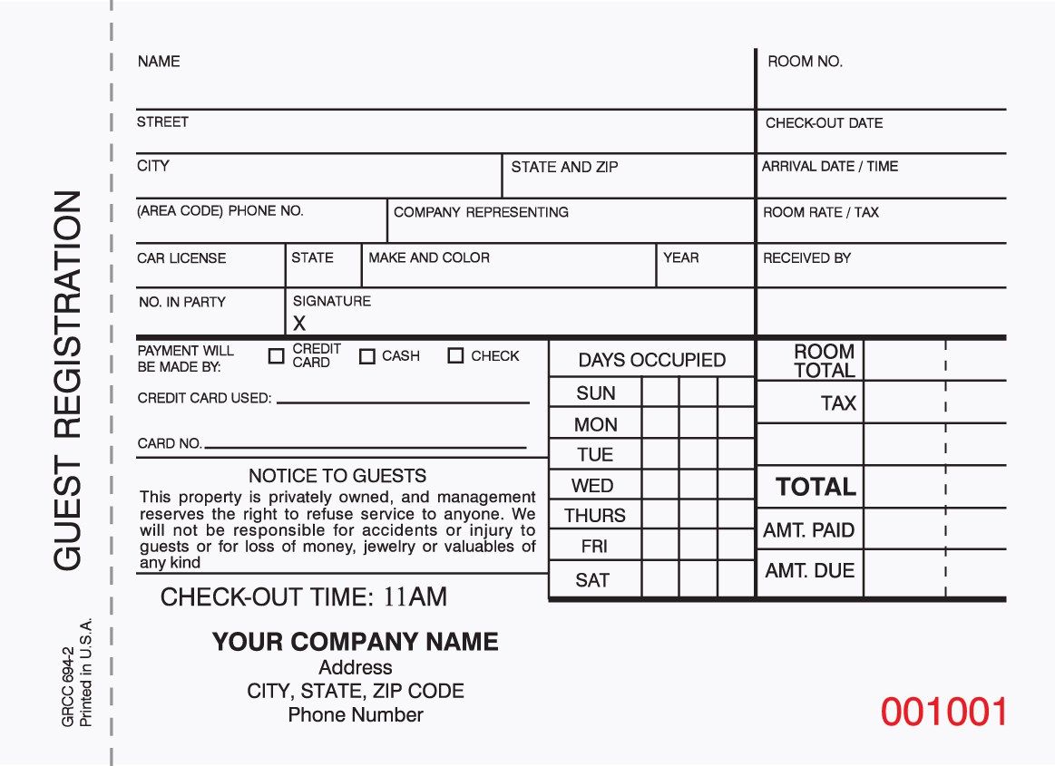 2 Part Hotel Guest Registration Forms Registration Form Hotel Guest Registration