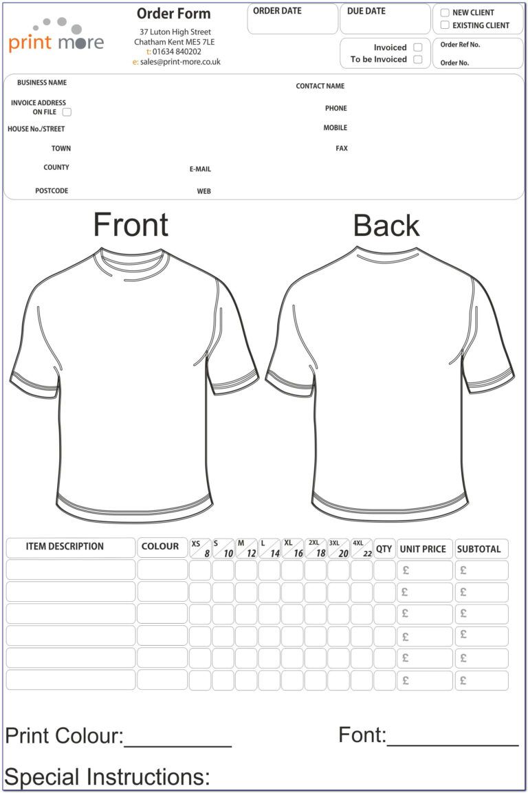 Free Printable T Shirt Order Form Templates Form Resume Within Printable Blank Tshirt Template Order Form Template Free Order Form Template Shirt Order