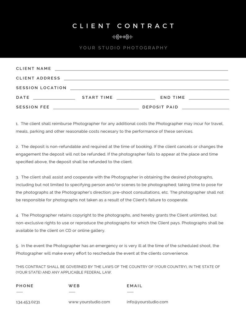 Modern Black White Photography Client Contract Session Etsy In 2021 Client Contracts Photography Contract Wedding Photography Contract Template