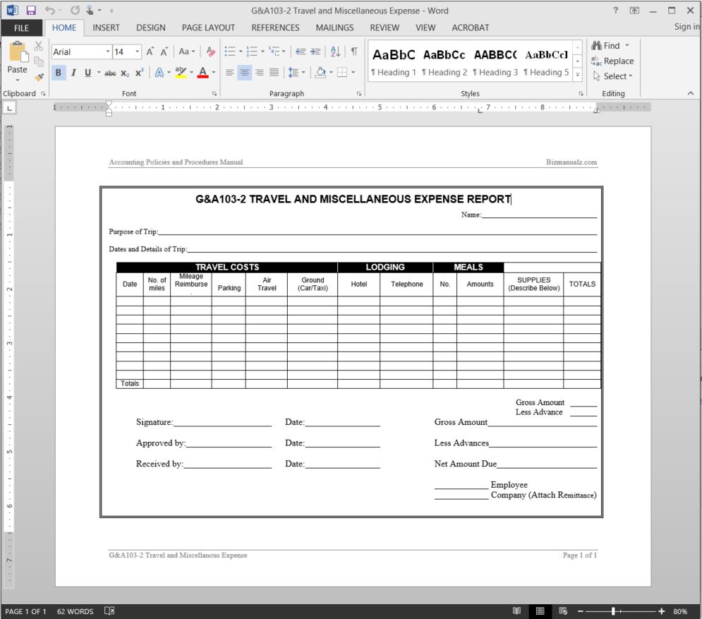 Travel Miscellaneous Expense Report Template