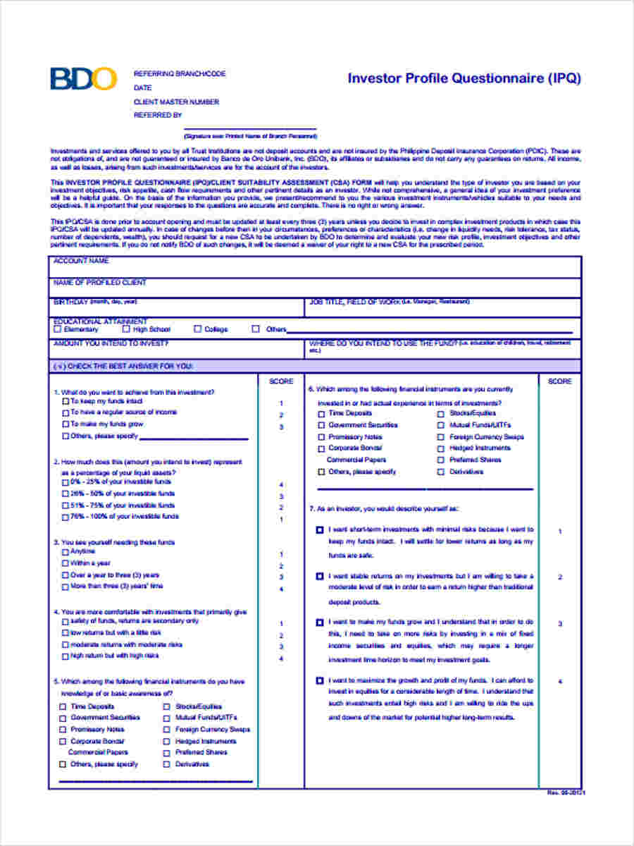 Free 7 Sample Investor Questionnaire Forms In Ms Word Pdf