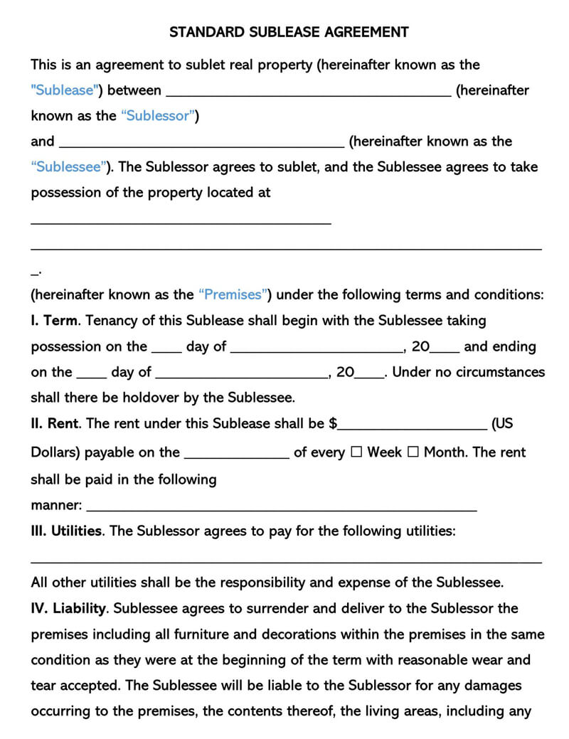 Standard SubLease Agreement Template
