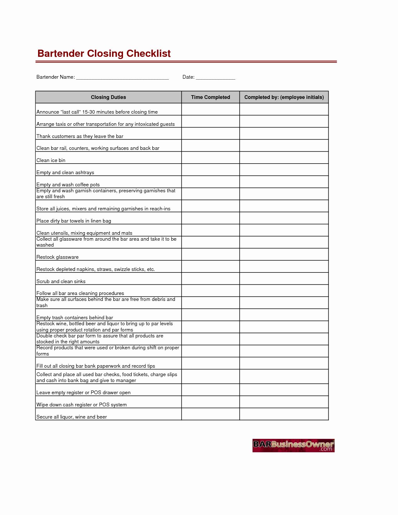 Bar Cleaning Checklist Template