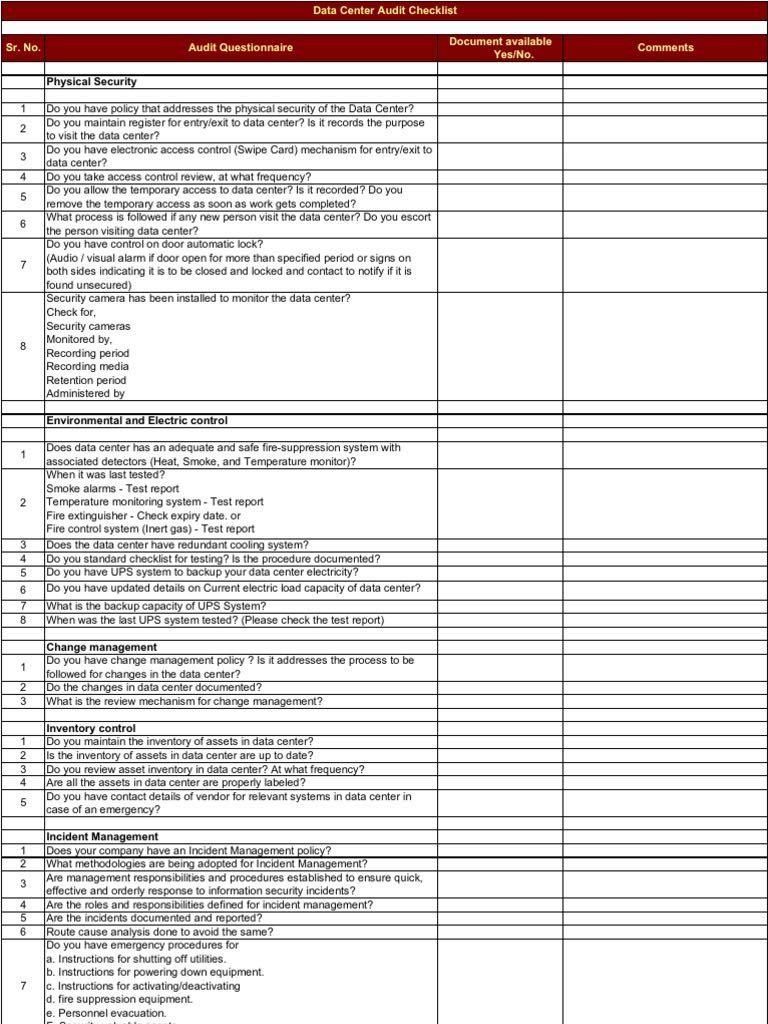 Data Center Checklist Templates Templates 30740 Resume Examples Checklist Template Security Assessment Security Audit