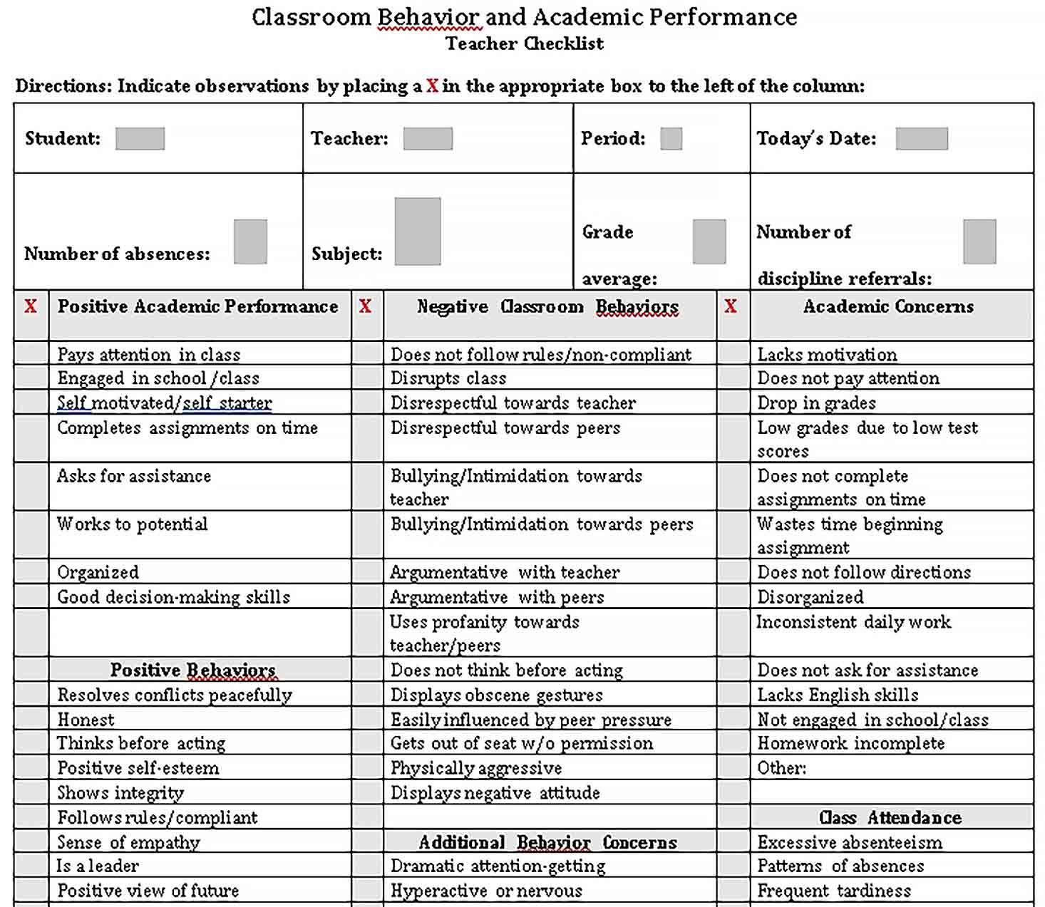 Behavior Checklist Template Checklist Template Teacher Checklist Student Behavior