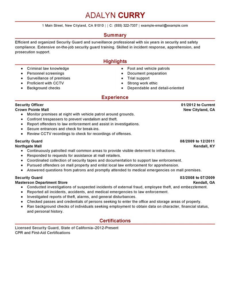 Security Guard Resume Examples Good Resume Examples Job Resume Samples Resume Examples