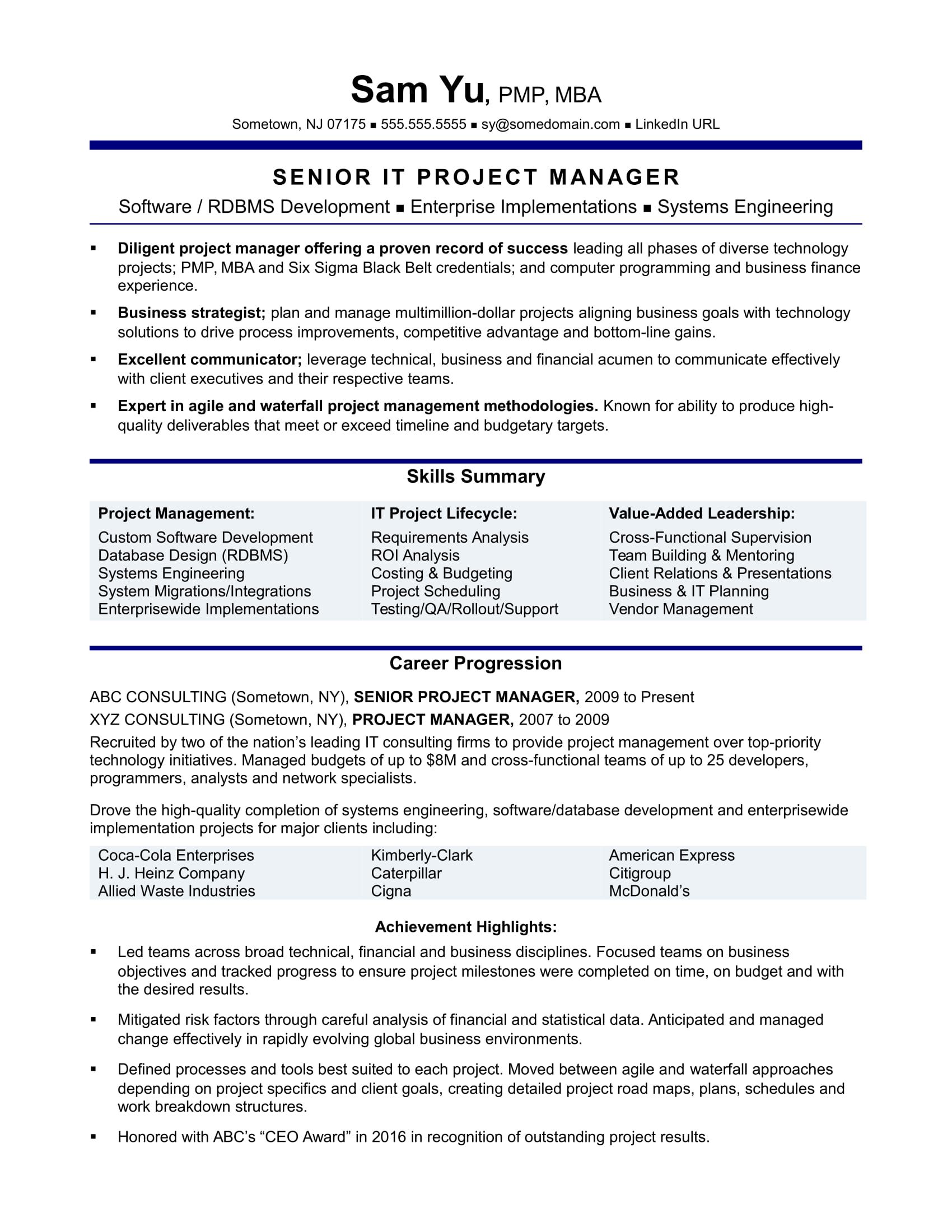 Experienced It Project Manager Resume Project Manager Resume Manager Resume Project Management