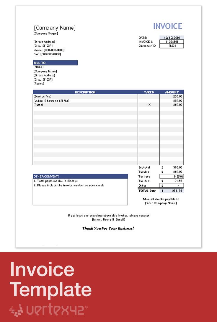 Download The Invoice Template From Vertex42 Com Invoice Template Invoicing Templates