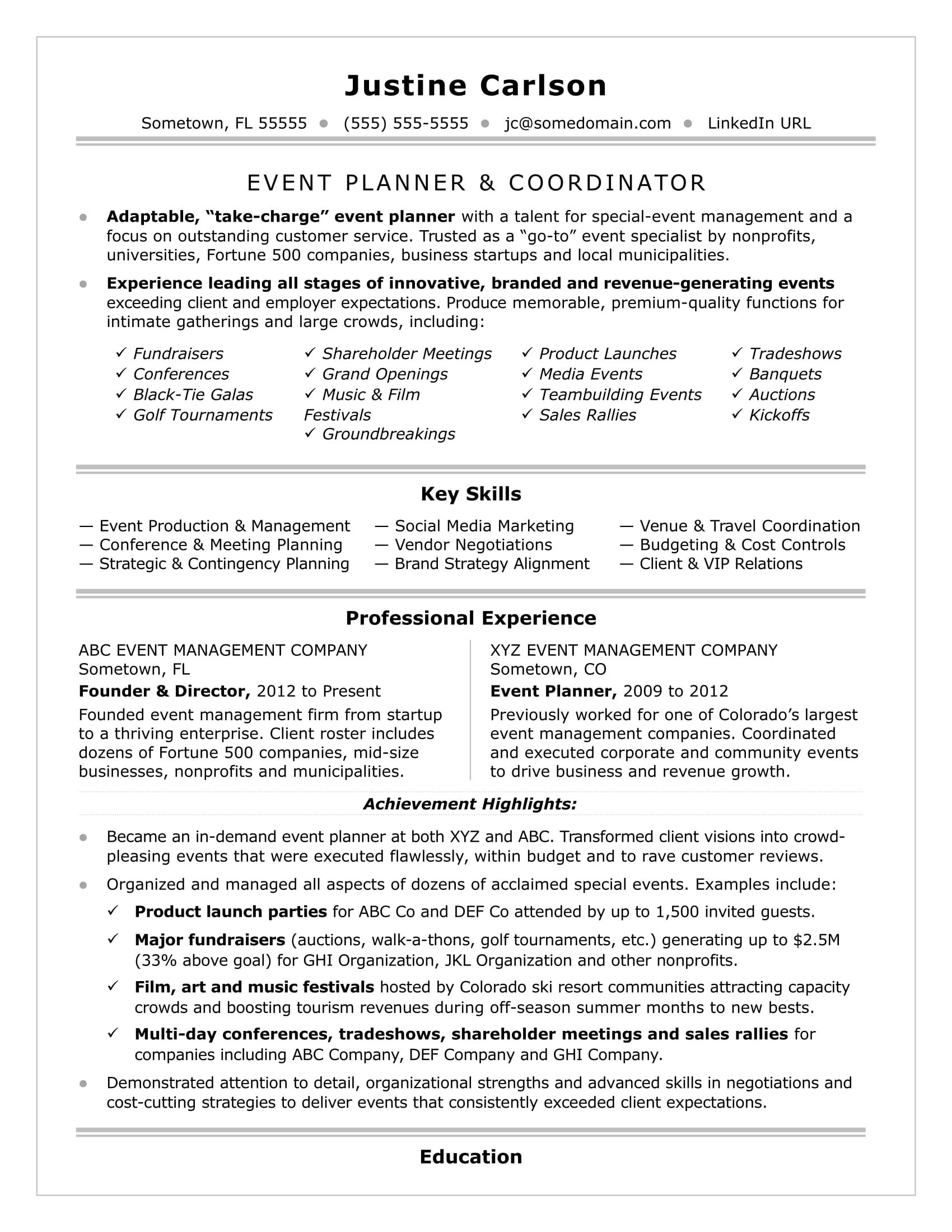 Event Coordinator Resume Sample Event Planner Resume Event Planning Resume Event Coordinator Jobs