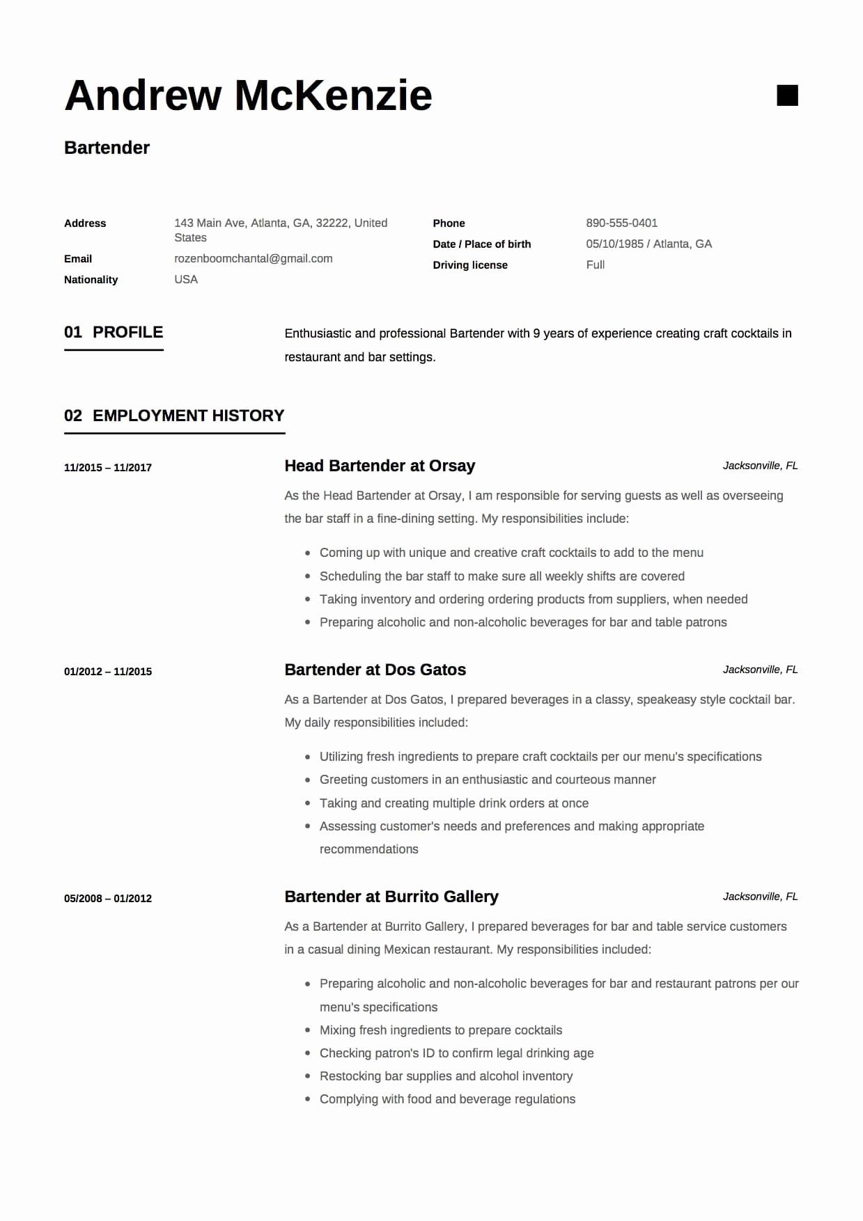 Bartender Job Description Resume Unique Bartender Resume Sample 12 Creative Resume Examples Resume Examples Job Resume Examples Free Resume Examples