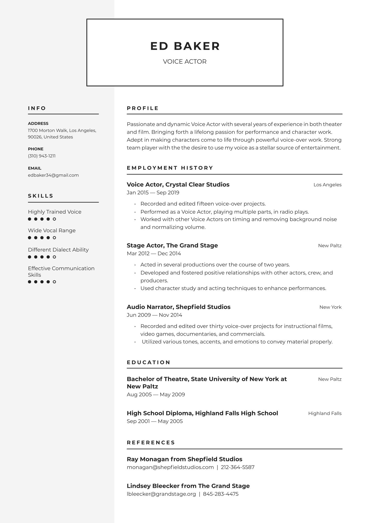 Voice Actor Resume Templates 2020 Free Download Resume Io In Theatrical Resum Acting Resume Template Resume Template Word Free Professional Resume Template