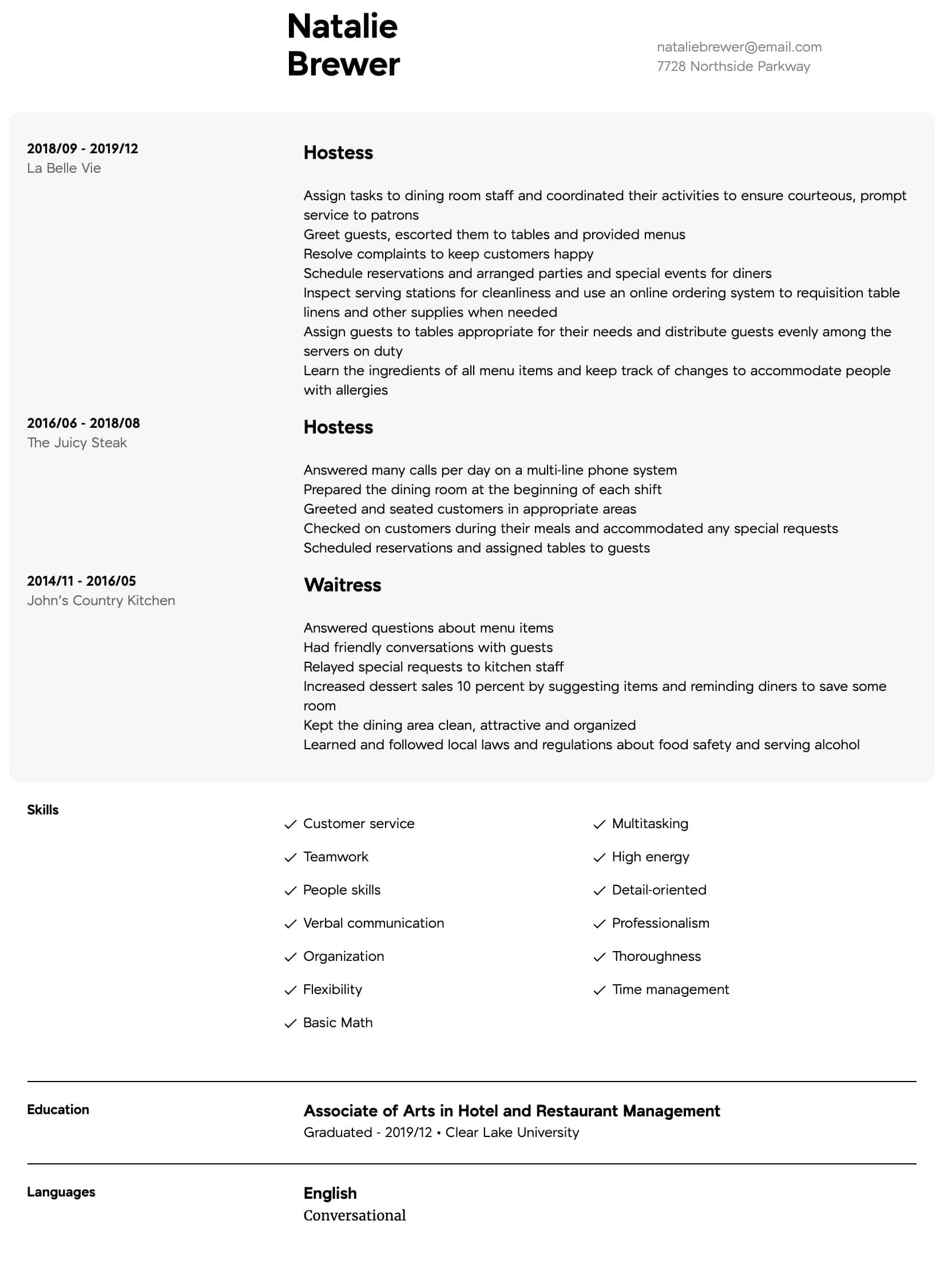 Hostess Resume Samples All Experience Levels Resume Com Resume Com