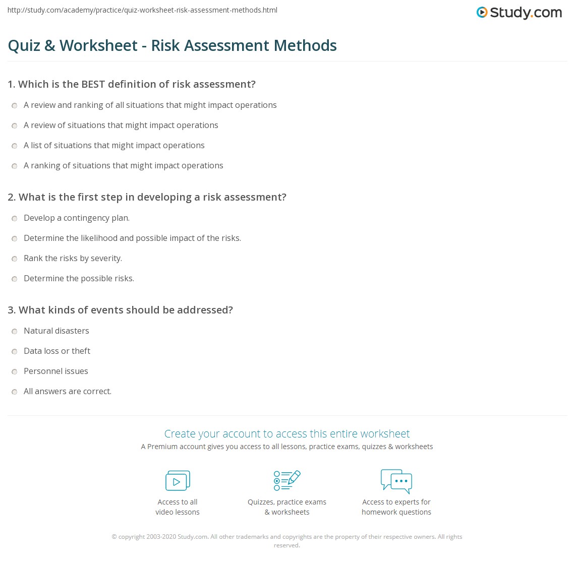 Quiz Worksheet Risk Assessment Methods Study Com